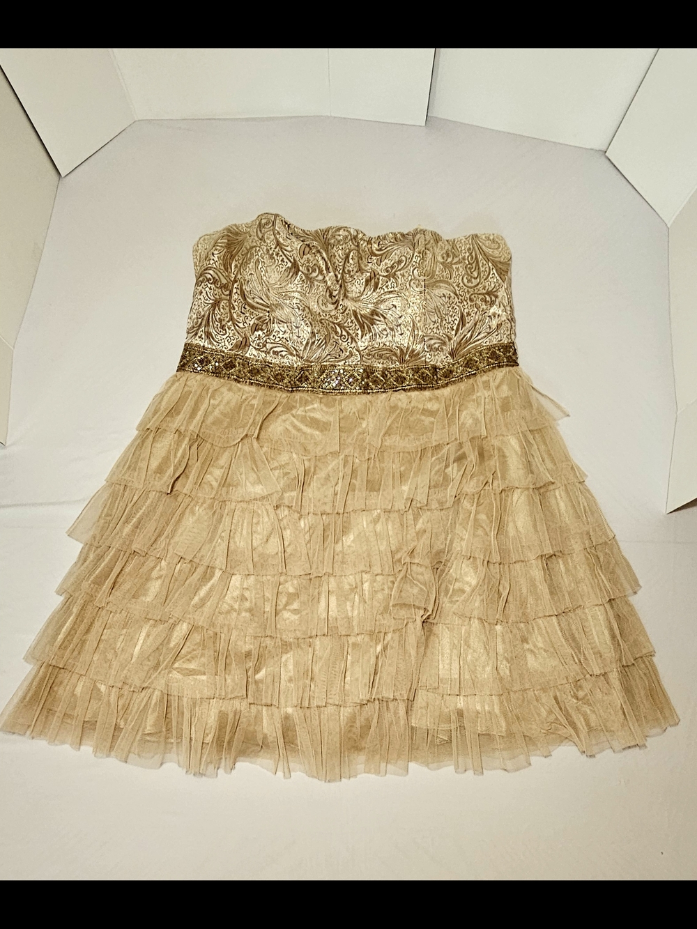 Deb Gold Strapless Tulle Ruffle Dress • Gold Brocade Formal Size 18